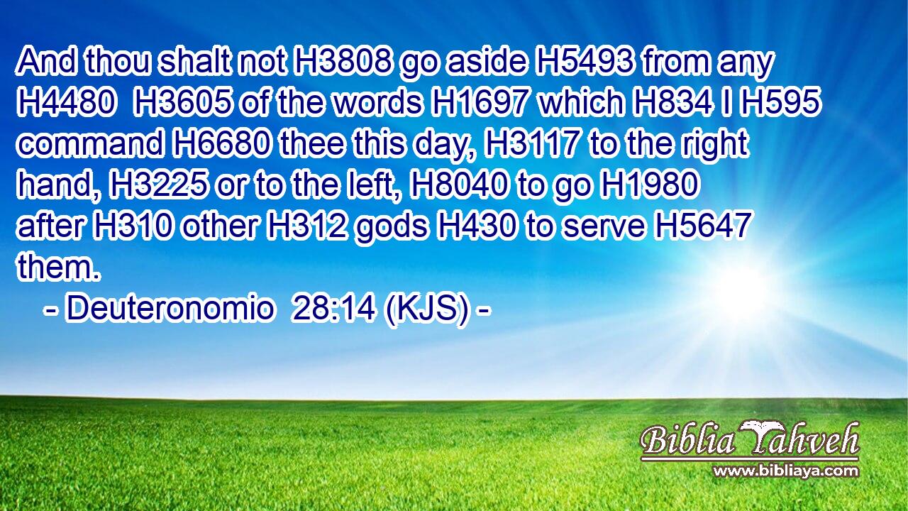 And thou shalt not H3808 go aside H5493 from any H4480  H3605 of the words H1697 which H834 I H595 command H6680 thee this day, H3117 to the right hand, H3225 or to the left, H8040 to go H1980 after H310 other H312 gods H430 to serve H5647 them.
