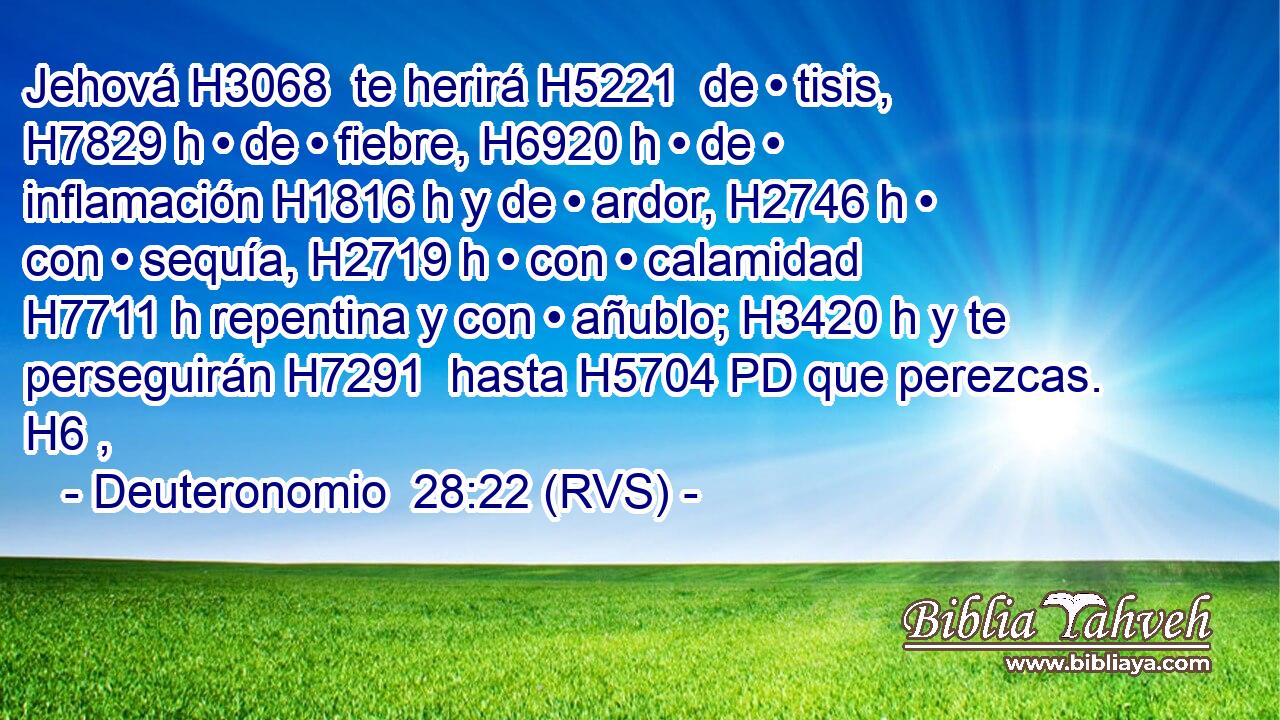 Jehová H3068  te herirá H5221  de • tisis, H7829 h • de • fiebre, H6920 h • de • inflamación H1816 h y de • ardor, H2746 h • con • sequía, H2719 h • con • calamidad H7711 h repentina y con • añublo; H3420 h y te perseguirán H7291  hasta H5704 PD que perezcas. H6 ,  