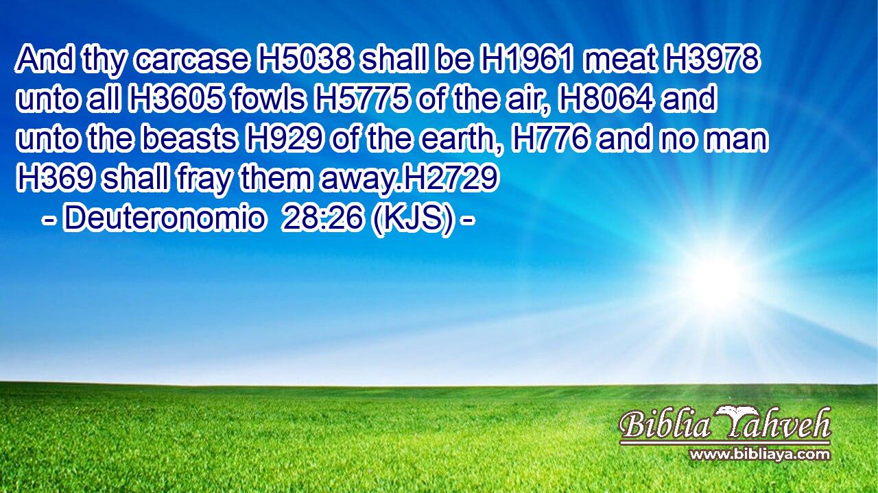 And thy carcase H5038 shall be H1961 meat H3978 unto all H3605 fowls H5775 of the air, H8064 and unto the beasts H929 of the earth, H776 and no man H369 shall fray them away.H2729