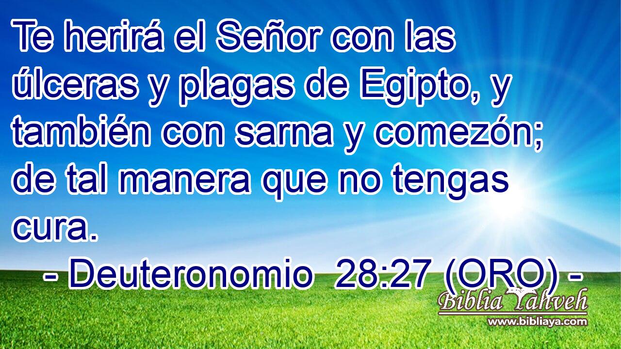  Te herirá el Señor con las úlceras y plagas de Egipto, y también con sarna y comezón; de tal manera que no tengas cura. 