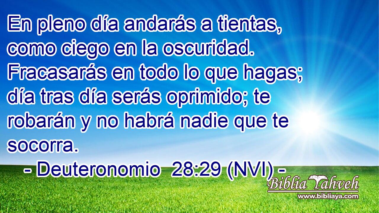  En pleno día andarás a tientas, como ciego en la oscuridad. Fracasarás en todo lo que hagas; día tras día serás oprimido; te robarán y no habrá nadie que te socorra. 