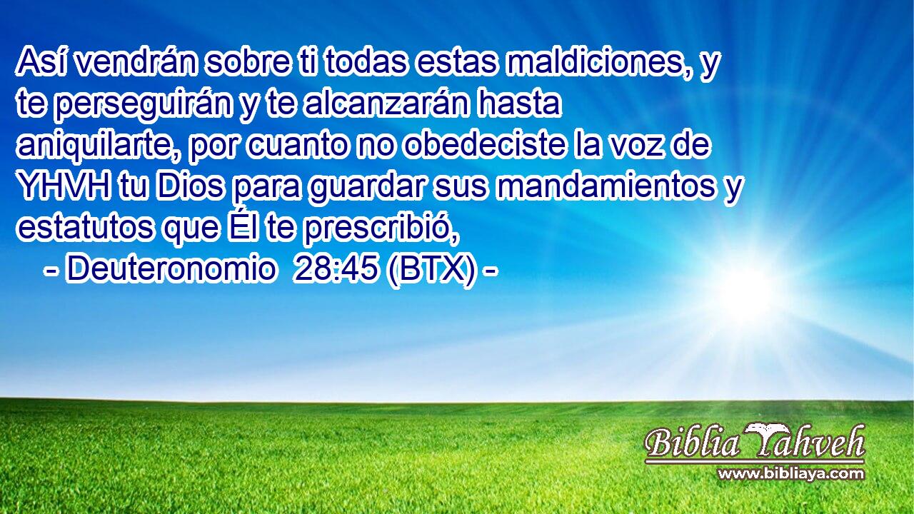 Así vendrán sobre ti todas estas maldiciones, y te perseguirán y te alcanzarán hasta aniquilarte, por cuanto no obedeciste la voz de YHVH tu Dios para guardar sus mandamientos y estatutos que Él te prescribió,