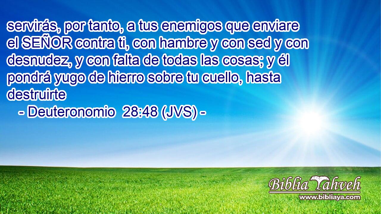servirás, por tanto, a tus enemigos que enviare el SEÑOR contra ti, con hambre y con sed y con desnudez, y con falta de todas las cosas; y él pondrá yugo de hierro sobre tu cuello, hasta destruirte
