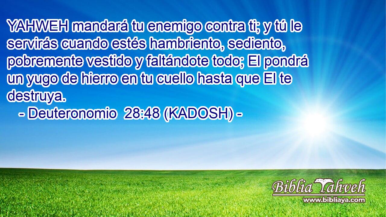  YAHWEH mandará tu enemigo contra ti; y tú le servirás cuando estés hambriento, sediento, pobremente vestido y faltándote todo; El pondrá un yugo de hierro en tu cuello hasta que El te destruya. 