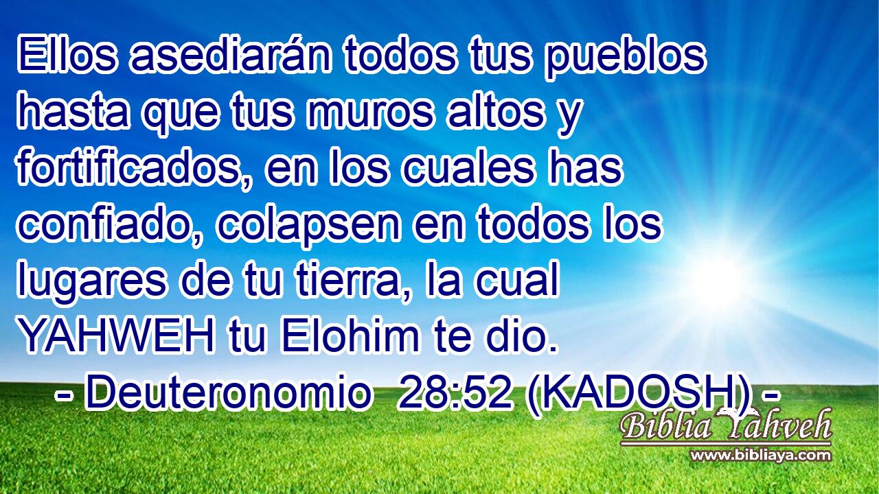  Ellos asediarán todos tus pueblos hasta que tus muros altos y fortificados, en los cuales has confiado, colapsen en todos los lugares de tu tierra, la cual YAHWEH tu Elohim te dio. 