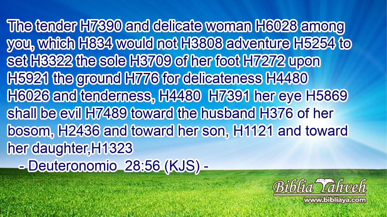 The tender H7390 and delicate woman H6028 among you, which H834 would not H3808 adventure H5254 to set H3322 the sole H3709 of her foot H7272 upon H5921 the ground H776 for delicateness H4480  H6026 and tenderness, H4480  H7391 her eye H5869 shall be evil H7489 toward the husband H376 of her bosom, H2436 and toward her son, H1121 and toward her daughter,H1323