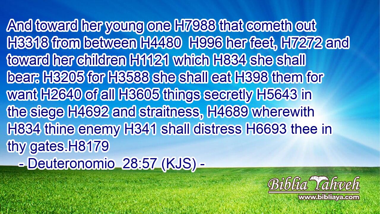 And toward her young one H7988 that cometh out H3318 from between H4480  H996 her feet, H7272 and toward her children H1121 which H834 she shall bear: H3205 for H3588 she shall eat H398 them for want H2640 of all H3605 things secretly H5643 in the siege H4692 and straitness, H4689 wherewith H834 thine enemy H341 shall distress H6693 thee in thy gates.H8179