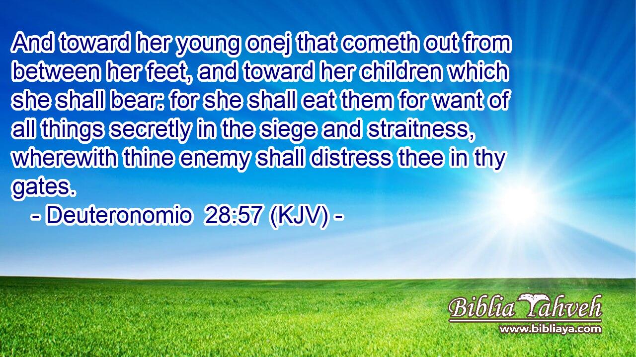 And toward her young onej that cometh out from between her feet, and toward her children which she shall bear: for she shall eat them for want of all things secretly in the siege and straitness, wherewith thine enemy shall distress thee in thy gates.