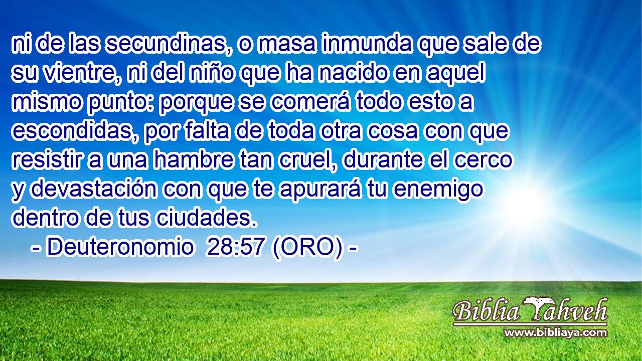  ni de las secundinas, o masa inmunda que sale de su vientre, ni del niño que ha nacido en aquel mismo punto: porque se comerá todo esto a escondidas, por falta de toda otra cosa con que resistir a una hambre tan cruel, durante el cerco y devastación con que te apurará tu enemigo dentro de tus ciudades. 