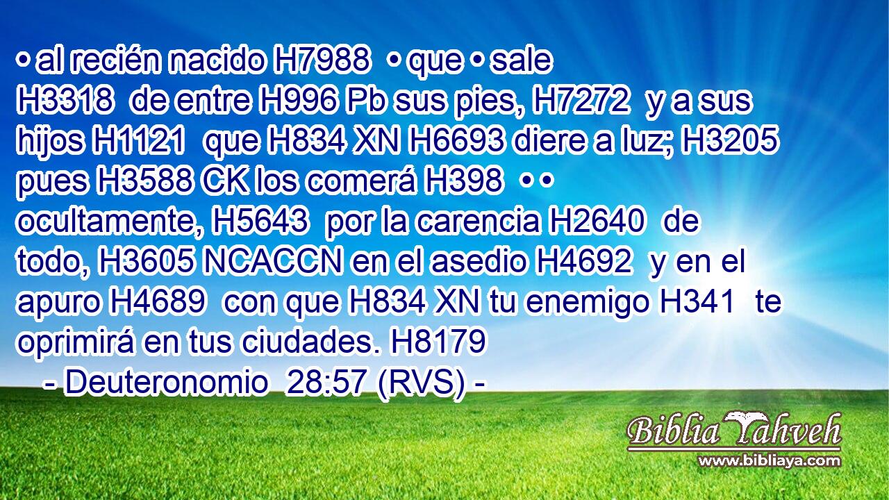 • al recién nacido H7988  • que • sale H3318  de entre H996 Pb sus pies, H7272  y a sus hijos H1121  que H834 XN H6693 diere a luz; H3205  pues H3588 CK los comerá H398  • • ocultamente, H5643  por la carencia H2640  de todo, H3605 NCACCN en el asedio H4692  y en el apuro H4689  con que H834 XN tu enemigo H341  te oprimirá en tus ciudades. H8179  