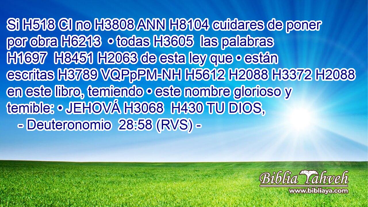 Si H518 CI no H3808 ANN H8104 cuidares de poner por obra H6213  • todas H3605  las palabras H1697  H8451 H2063 de esta ley que • están escritas H3789 VQPpPM-NH H5612 H2088 H3372 H2088 en este libro, temiendo • este nombre glorioso y temible: • JEHOVÁ H3068  H430 TU DIOS, 