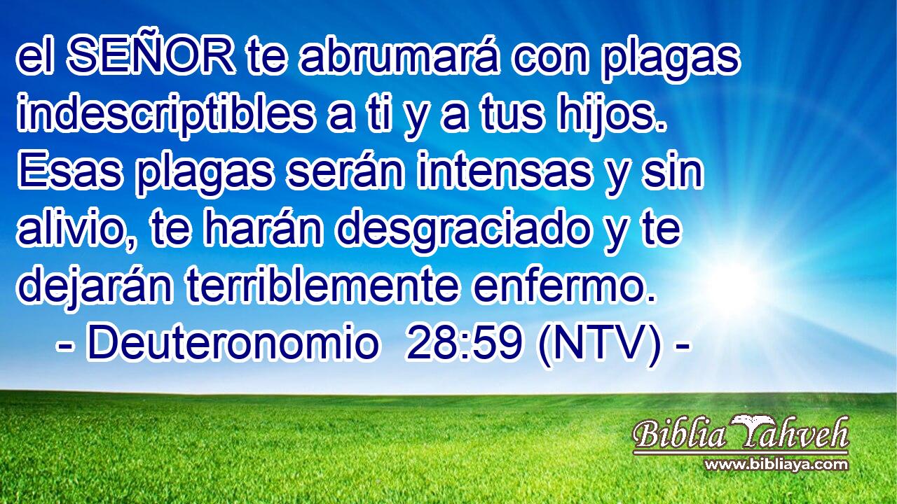 el SEÑOR te abrumará con plagas indescriptibles a ti y a tus hijos. Esas plagas serán intensas y sin alivio, te harán desgraciado y te dejarán terriblemente enfermo.