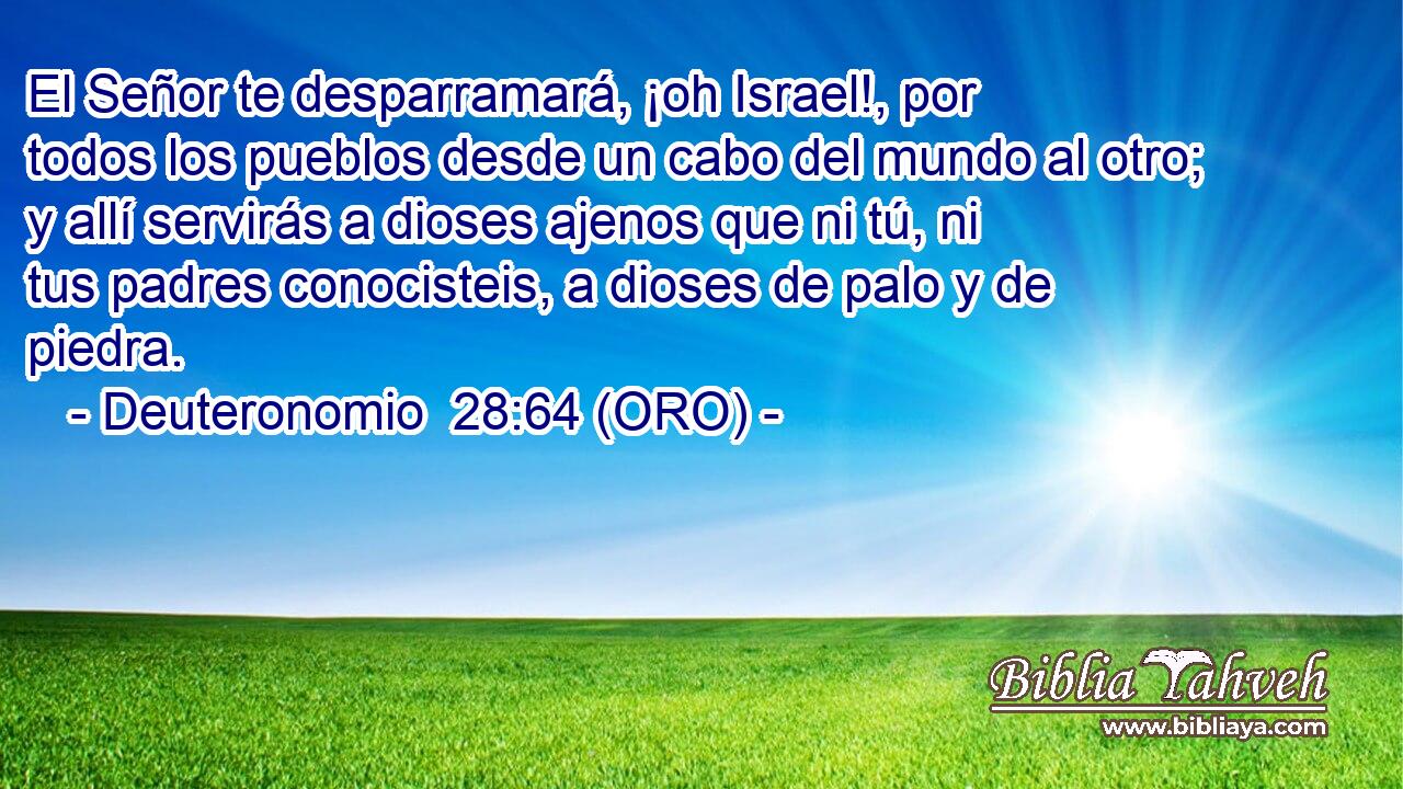  El Señor te desparramará, ¡oh Israel!, por todos los pueblos desde un cabo del mundo al otro; y allí servirás a dioses ajenos que ni tú, ni tus padres conocisteis, a dioses de palo y de piedra. 