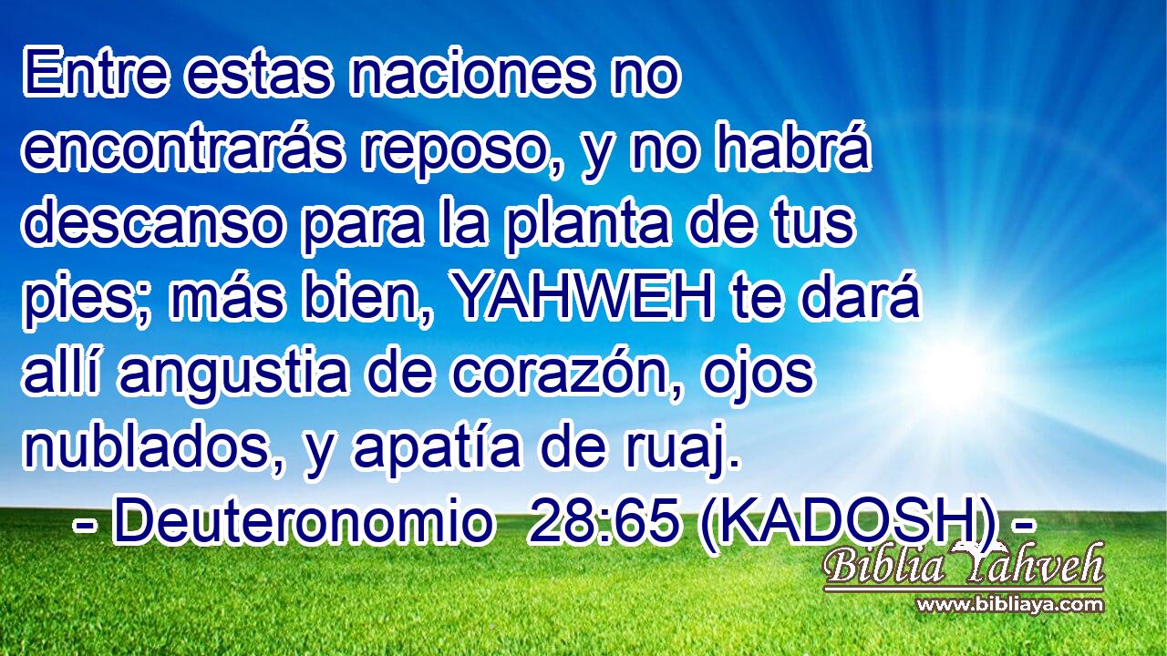  Entre estas naciones no encontrarás reposo, y no habrá descanso para la planta de tus pies; más bien, YAHWEH te dará allí angustia de corazón, ojos nublados, y apatía de ruaj. 