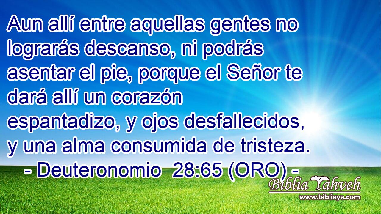 Aun allí entre aquellas gentes no lograrás descanso, ni podrás asentar el pie, porque el Señor te dará allí un corazón espantadizo, y ojos desfallecidos, y una alma consumida de tristeza. 