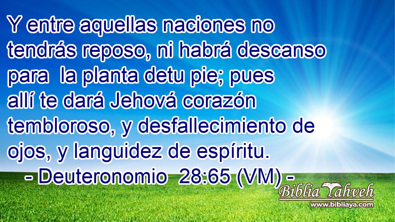  Y entre aquellas naciones no tendrás reposo, ni habrá descanso para  la planta detu pie; pues allí te dará Jehová corazón tembloroso, y desfallecimiento de ojos, y languidez de espíritu. 