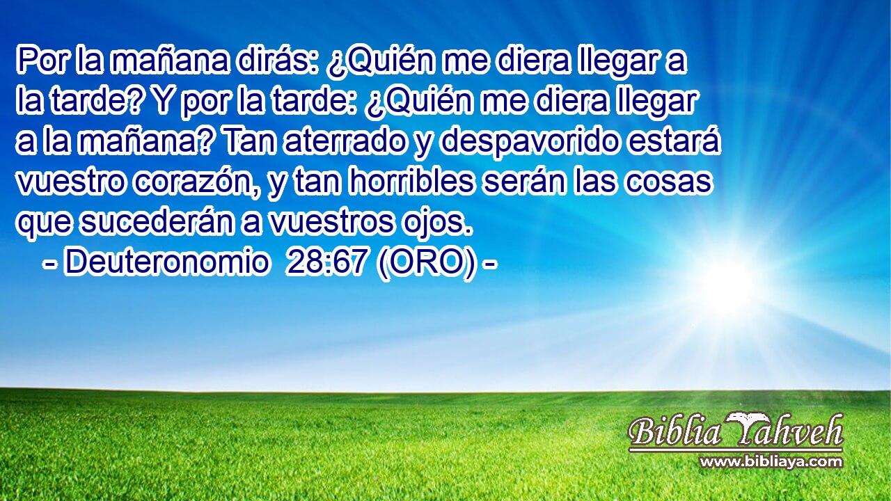 Por la mañana dirás: ¿Quién me diera llegar a la tarde? Y por la tarde: ¿Quién me diera llegar a la mañana? Tan aterrado y despavorido estará vuestro corazón, y tan horribles serán las cosas que sucederán a vuestros ojos. 
