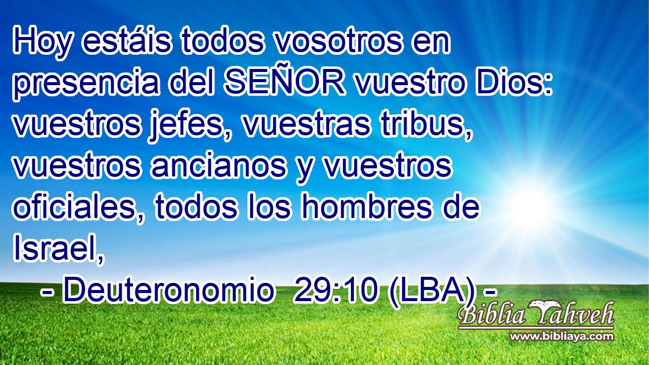 Hoy estáis todos vosotros en presencia del SEÑOR vuestro Dios: vuestros jefes, vuestras tribus, vuestros ancianos y vuestros oficiales, todos los hombres de Israel,