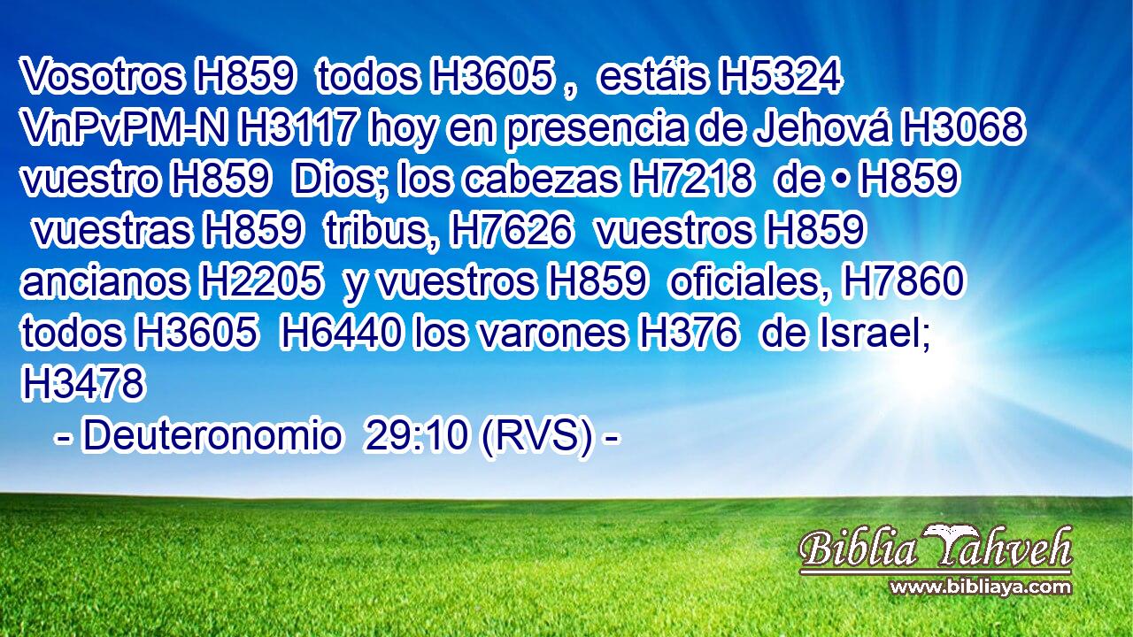 Vosotros H859  todos H3605 ,  estáis H5324 VnPvPM-N H3117 hoy en presencia de Jehová H3068  vuestro H859  Dios; los cabezas H7218  de • H859  vuestras H859  tribus, H7626  vuestros H859  ancianos H2205  y vuestros H859  oficiales, H7860  todos H3605  H6440 los varones H376  de Israel; H3478  