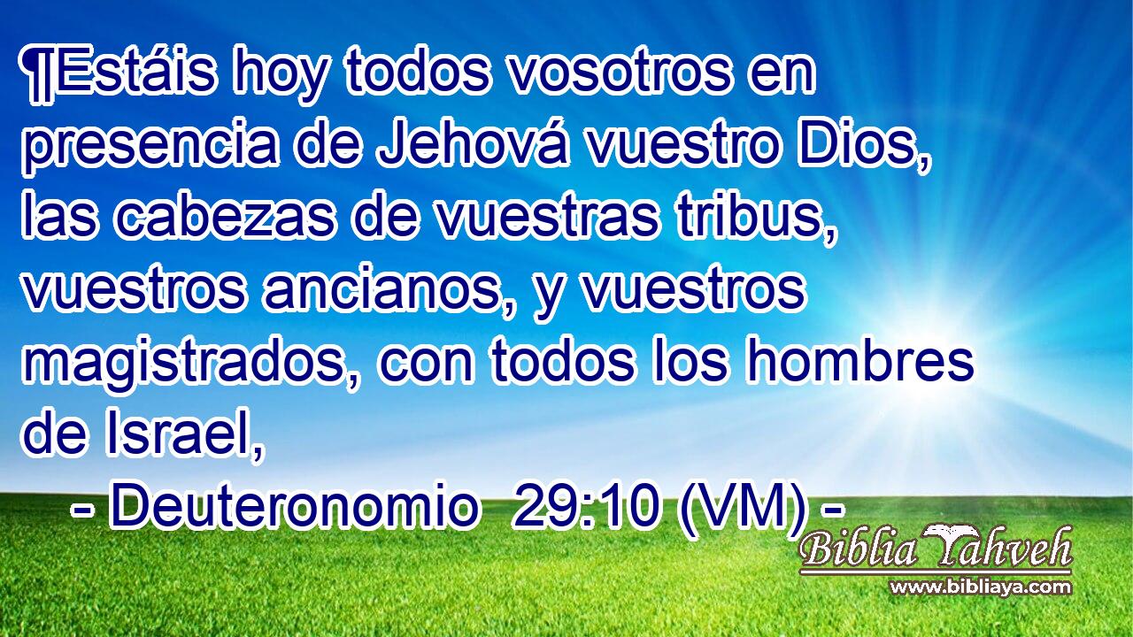  ¶Estáis hoy todos vosotros en presencia de Jehová vuestro Dios, las cabezas de vuestras tribus, vuestros ancianos, y vuestros magistrados, con todos los hombres de Israel, 