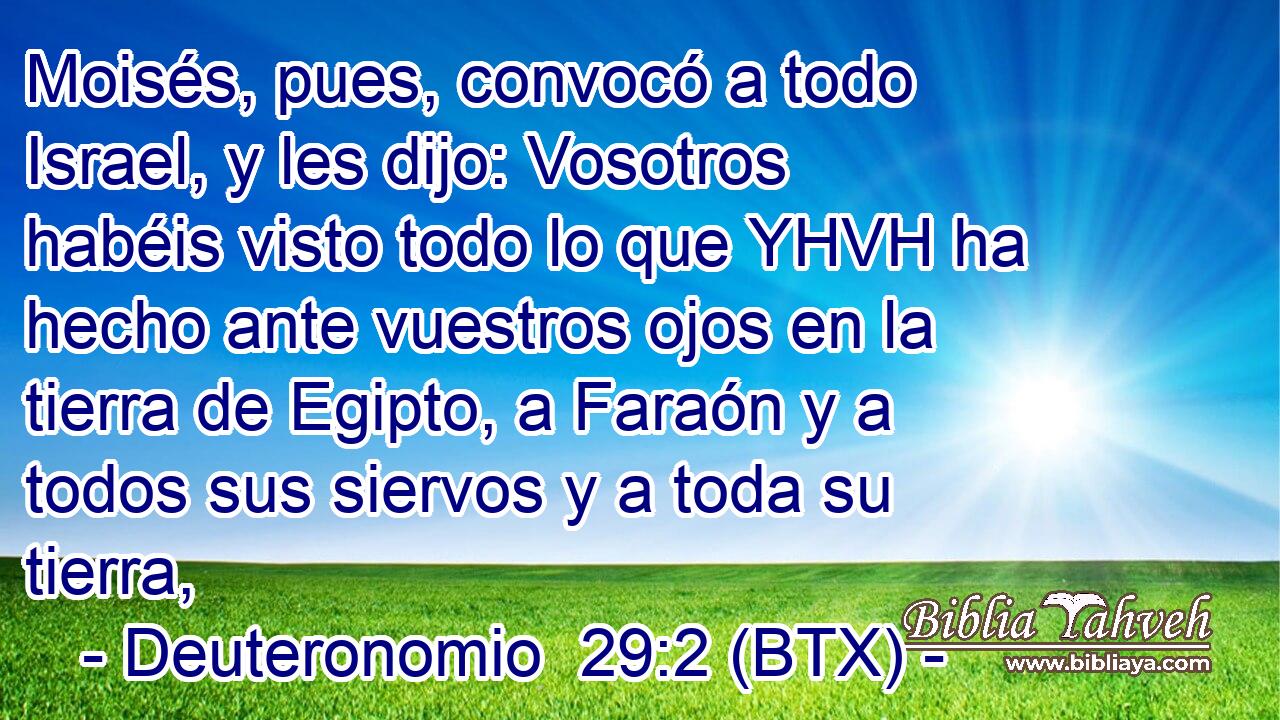 Moisés, pues, convocó a todo Israel, y les dijo: Vosotros habéis visto todo lo que YHVH ha hecho ante vuestros ojos en la tierra de Egipto, a Faraón y a todos sus siervos y a toda su tierra,