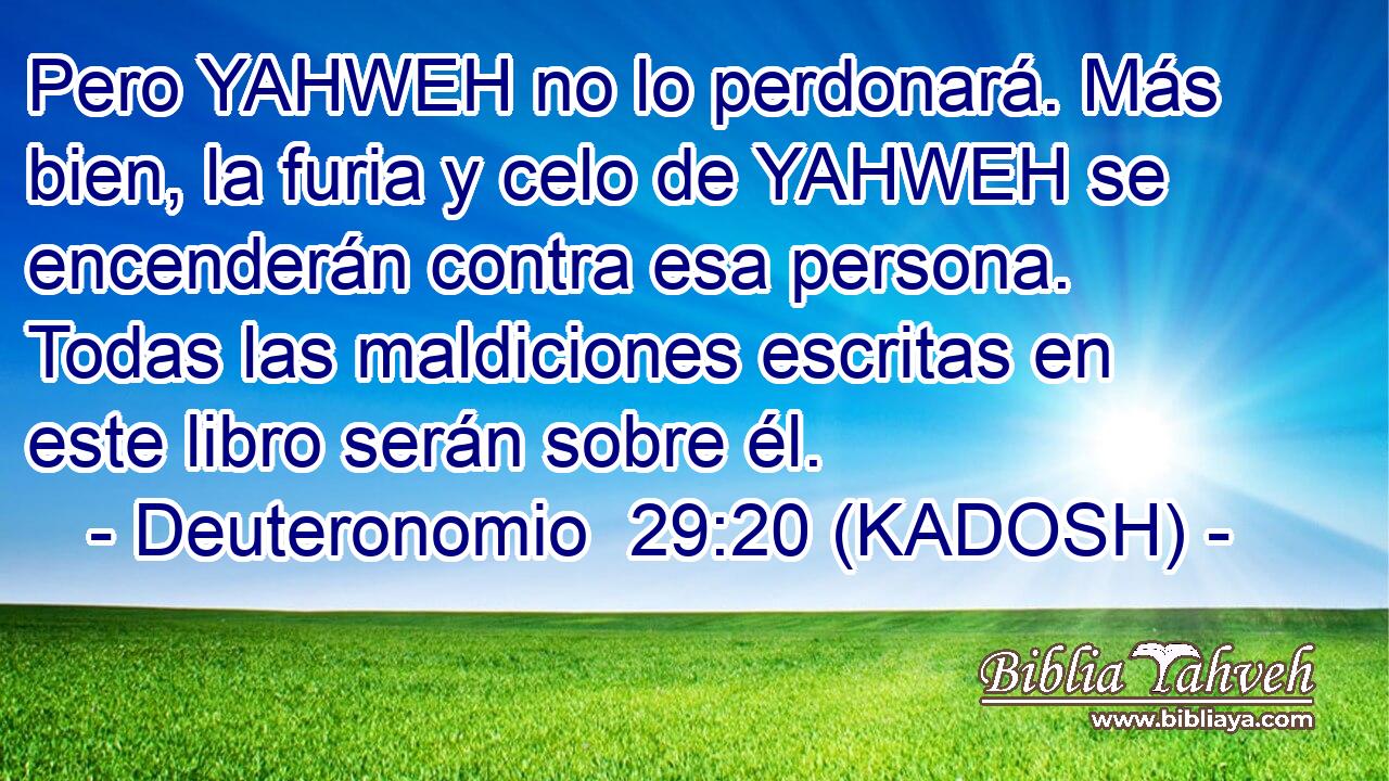  Pero YAHWEH no lo perdonará. Más bien, la furia y celo de YAHWEH se encenderán contra esa persona. Todas las maldiciones escritas en este libro serán sobre él. 