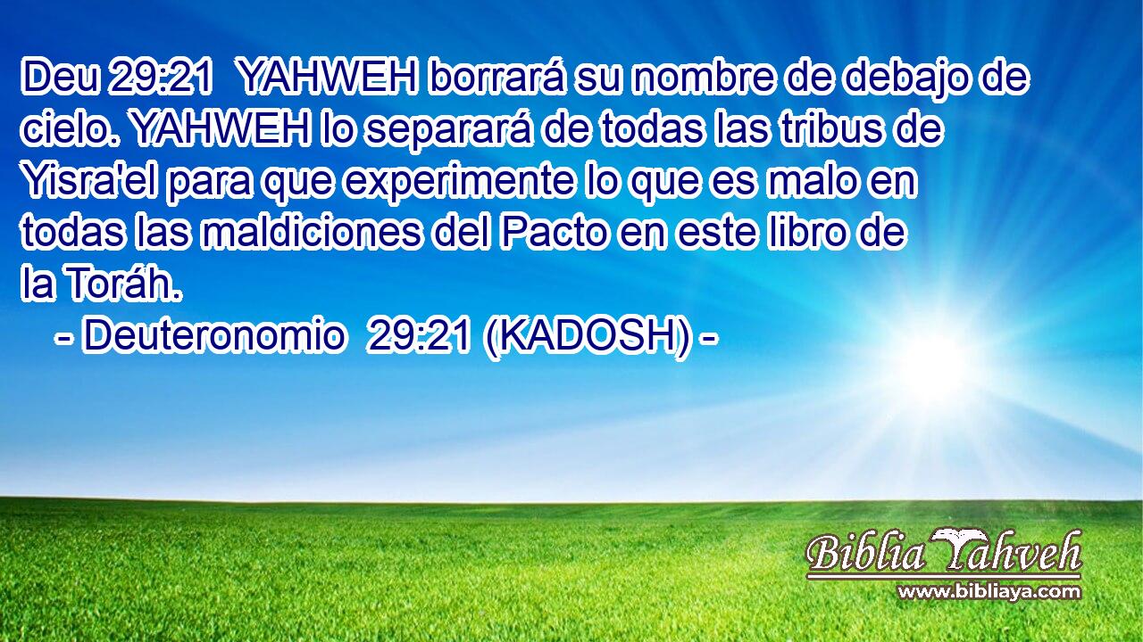  YAHWEH borrará su nombre de debajo de cielo. YAHWEH lo separará de todas las tribus de Yisra'el para que experimente lo que es malo en todas las maldiciones del Pacto en este libro de la Toráh. 