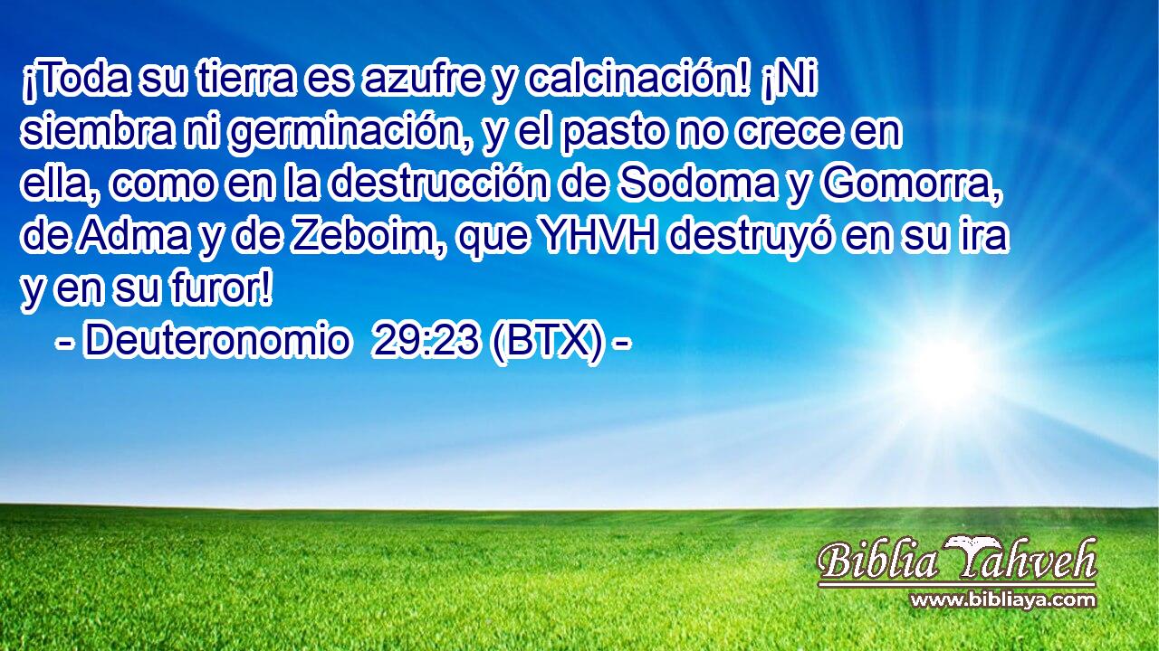 ¡Toda su tierra es azufre y calcinación! ¡Ni siembra ni germinación, y el pasto no crece en ella, como en la destrucción de Sodoma y Gomorra, de Adma y de Zeboim, que YHVH destruyó en su ira y en su furor!