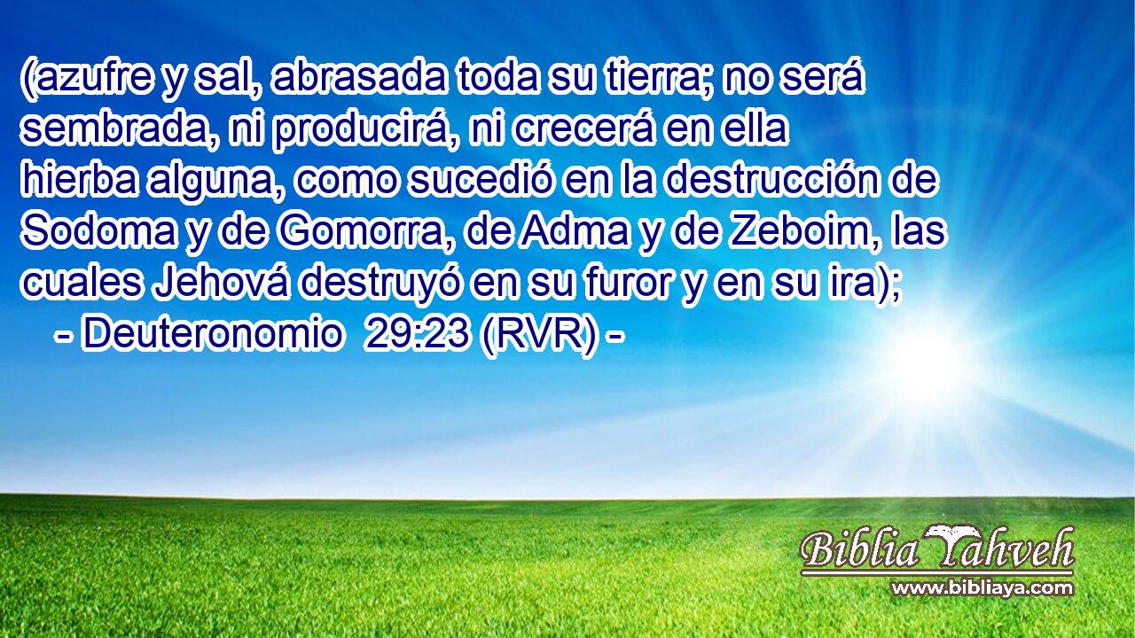 (azufre y sal, abrasada toda su tierra; no será sembrada, ni producirá, ni crecerá en ella hierba alguna, como sucedió en la destrucción de Sodoma y de Gomorra, de Adma y de Zeboim, las cuales Jehová destruyó en su furor y en su ira);