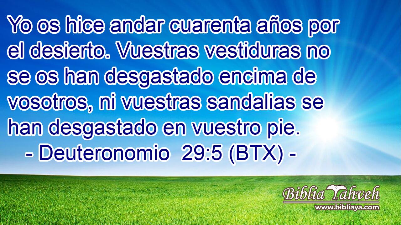 Yo os hice andar cuarenta años por el desierto. Vuestras vestiduras no se os han desgastado encima de vosotros, ni vuestras sandalias se han desgastado en vuestro pie.