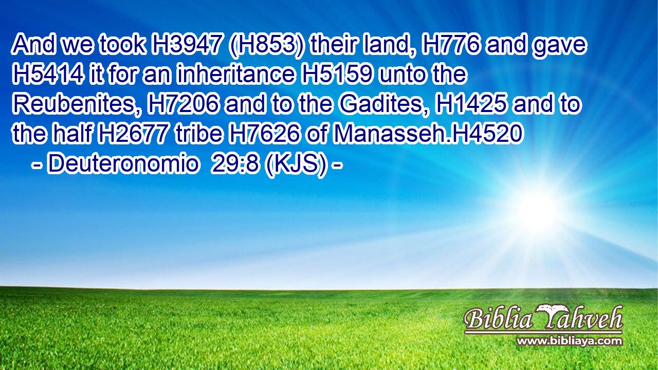 And we took H3947 (H853) their land, H776 and gave H5414 it for an inheritance H5159 unto the Reubenites, H7206 and to the Gadites, H1425 and to the half H2677 tribe H7626 of Manasseh.H4520