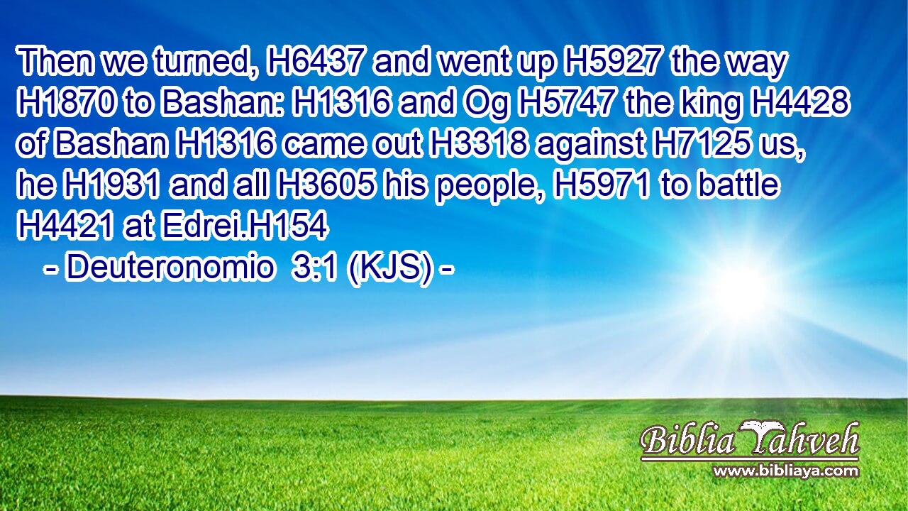 Then we turned, H6437 and went up H5927 the way H1870 to Bashan: H1316 and Og H5747 the king H4428 of Bashan H1316 came out H3318 against H7125 us, he H1931 and all H3605 his people, H5971 to battle H4421 at Edrei.H154