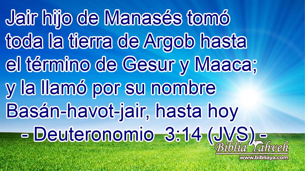 Jair hijo de Manasés tomó toda la tierra de Argob hasta el término de Gesur y Maaca; y la llamó por su nombre Basán-havot-jair, hasta hoy