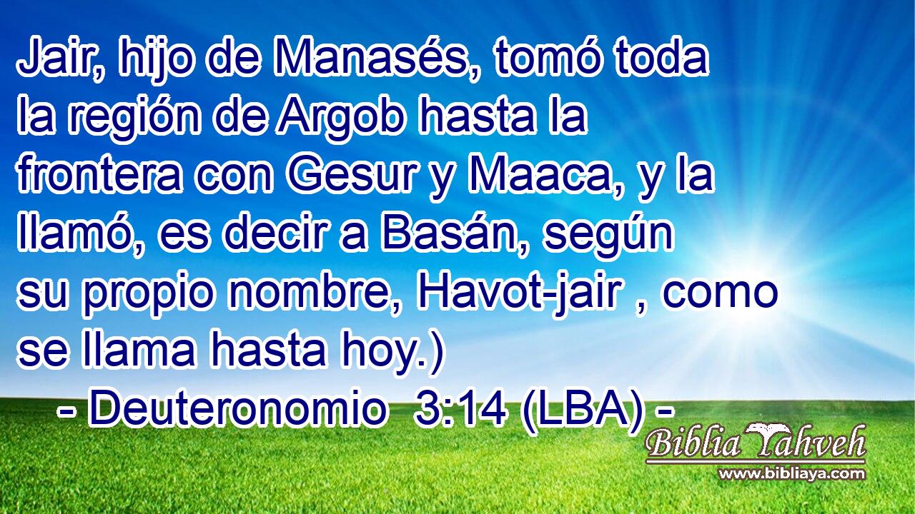 Jair, hijo de Manasés, tomó toda la región de Argob hasta la frontera con Gesur y Maaca, y la llamó, es decir a Basán, según su propio nombre, Havot-jair , como se llama hasta hoy.)