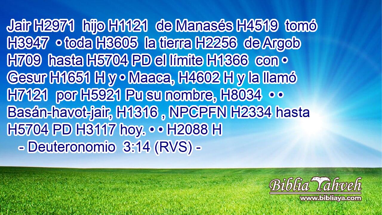 Jair H2971  hijo H1121  de Manasés H4519  tomó H3947  • toda H3605  la tierra H2256  de Argob H709  hasta H5704 PD el límite H1366  con • Gesur H1651 H y • Maaca, H4602 H y la llamó H7121  por H5921 Pu su nombre, H8034  • • Basán-havot-jair, H1316 , NPCPFN H2334 hasta H5704 PD H3117 hoy. • • H2088 H 
