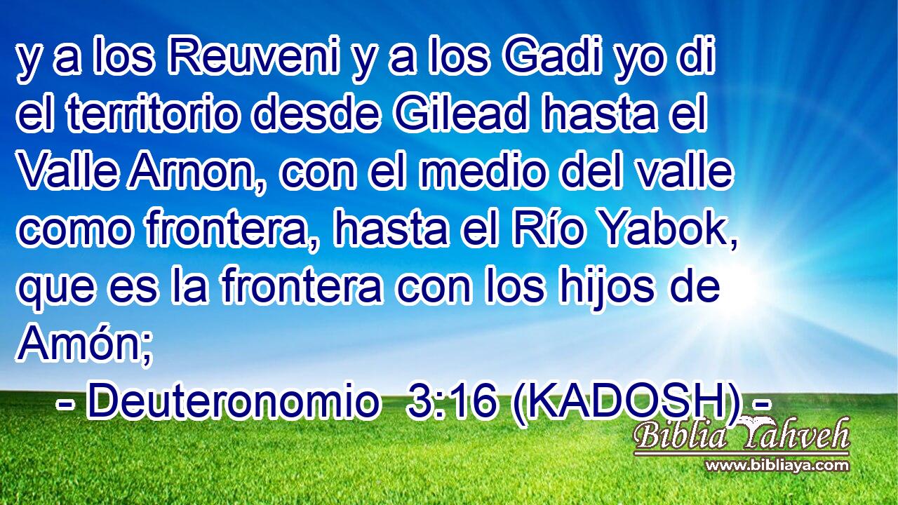  y a los Reuveni y a los Gadi yo di el territorio desde Gilead hasta el Valle Arnon, con el medio del valle como frontera, hasta el Río Yabok, que es la frontera con los hijos de Amón; 