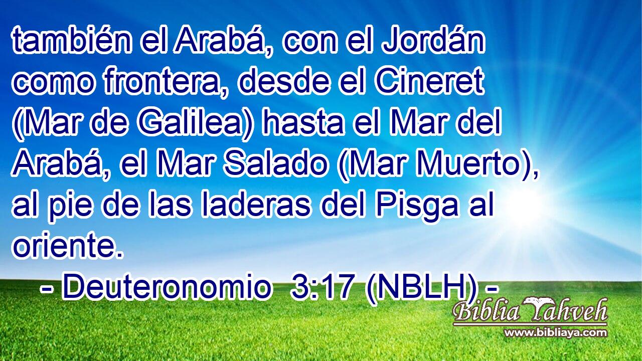  también el Arabá, con el Jordán como frontera, desde el Cineret (Mar de Galilea) hasta el Mar del Arabá, el Mar Salado (Mar Muerto), al pie de las laderas del Pisga al oriente. 