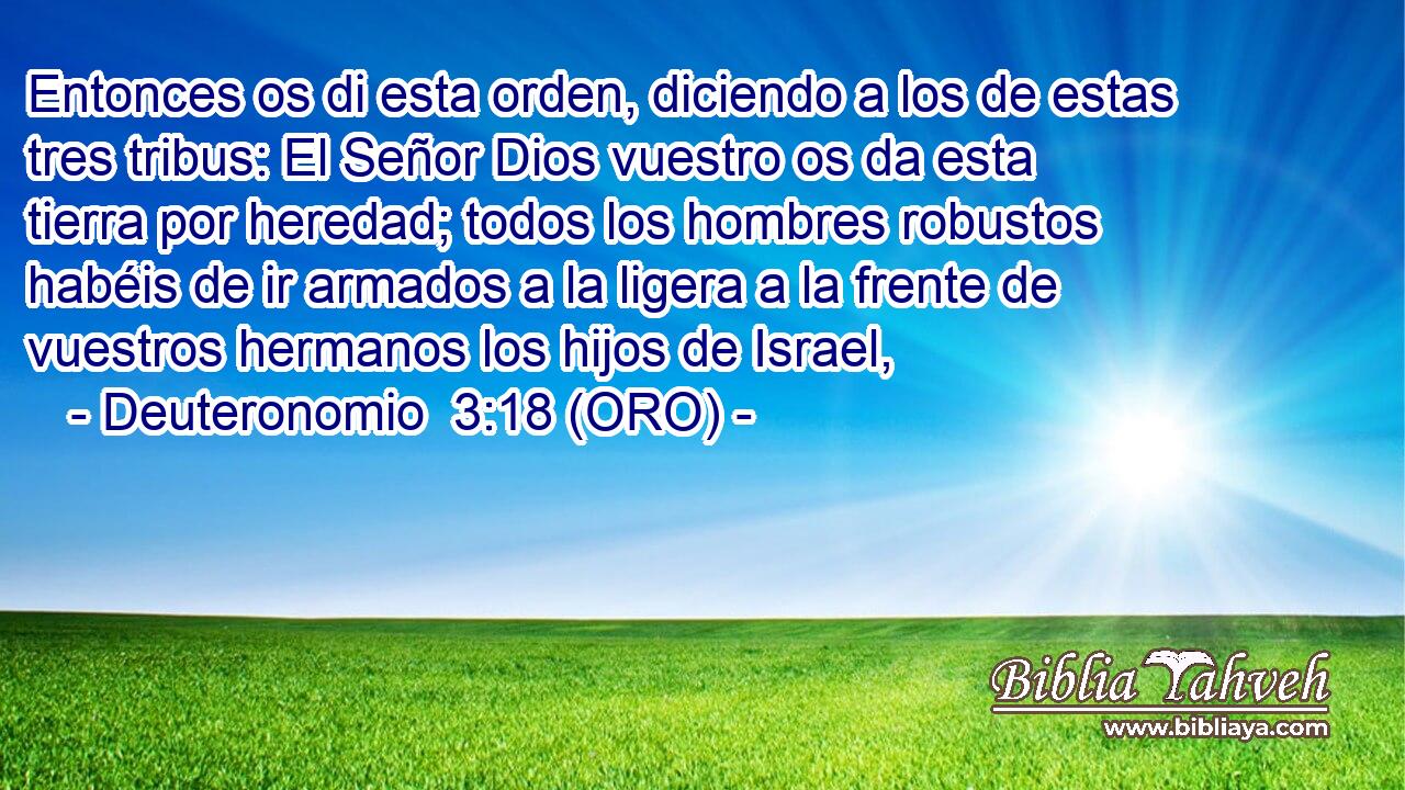  Entonces os di esta orden, diciendo a los de estas tres tribus: El Señor Dios vuestro os da esta tierra por heredad; todos los hombres robustos habéis de ir armados a la ligera a la frente de vuestros hermanos los hijos de Israel, 