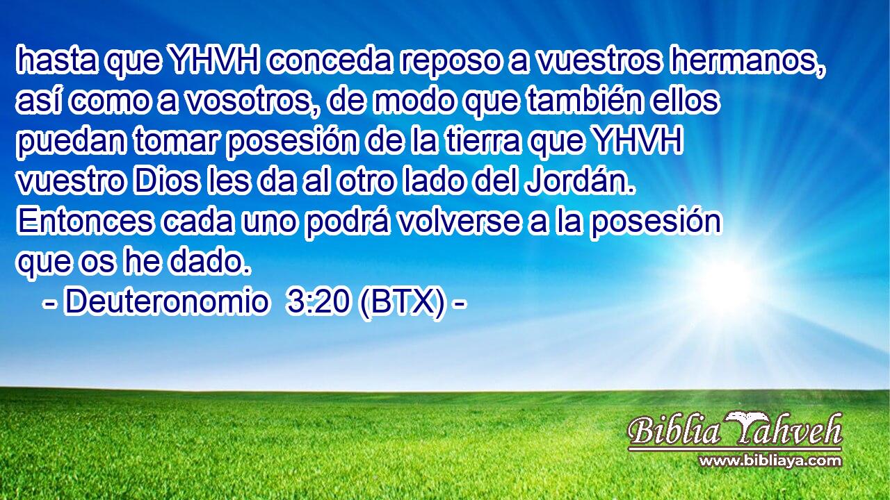 hasta que YHVH conceda reposo a vuestros hermanos, así como a vosotros, de modo que también ellos puedan tomar posesión de la tierra que YHVH vuestro Dios les da al otro lado del Jordán. Entonces cada uno podrá volverse a la posesión que os he dado.