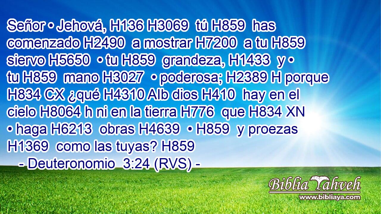 Señor • Jehová, H136 H3069  tú H859  has comenzado H2490  a mostrar H7200  a tu H859  siervo H5650  • tu H859  grandeza, H1433  y • tu H859  mano H3027  • poderosa; H2389 H porque H834 CX ¿qué H4310 AIb dios H410  hay en el cielo H8064 h ni en la tierra H776  que H834 XN • haga H6213  obras H4639  • H859  y proezas H1369  como las tuyas? H859  