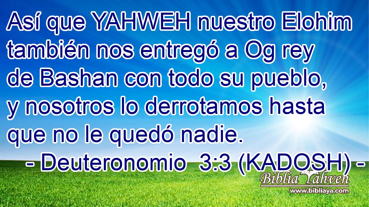  Así que YAHWEH nuestro Elohim también nos entregó a Og rey de Bashan con todo su pueblo, y nosotros lo derrotamos hasta que no le quedó nadie. 