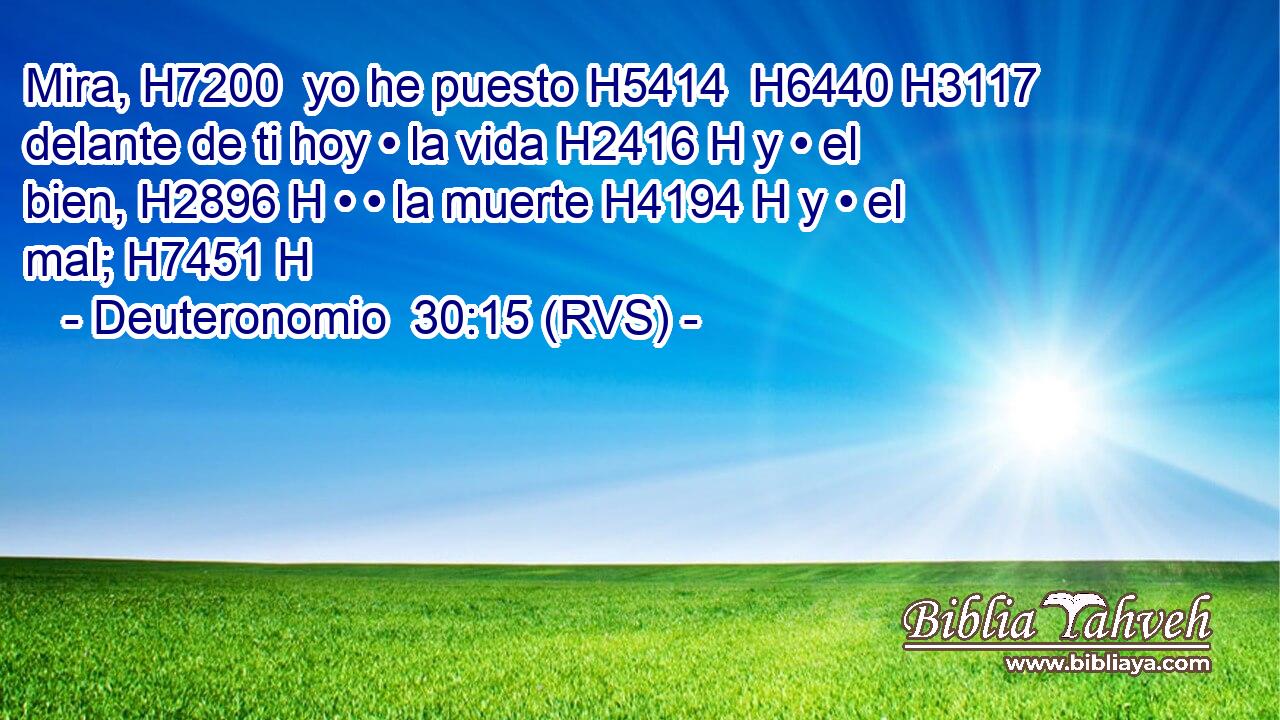 Mira, H7200  yo he puesto H5414  H6440 H3117 delante de ti hoy • la vida H2416 H y • el bien, H2896 H • • la muerte H4194 H y • el mal; H7451 H 
