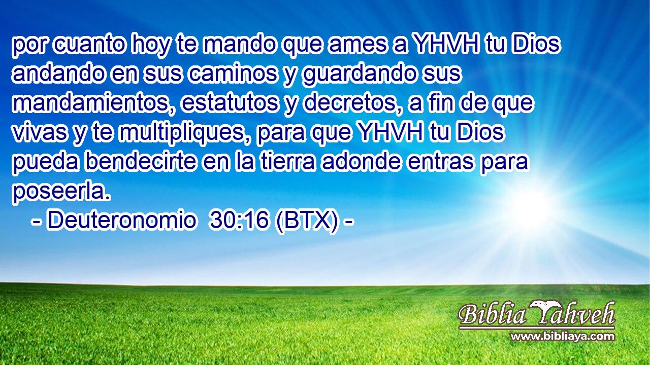 por cuanto hoy te mando que ames a YHVH tu Dios andando en sus caminos y guardando sus mandamientos, estatutos y decretos, a fin de que vivas y te multipliques, para que YHVH tu Dios pueda bendecirte en la tierra adonde entras para poseerla.