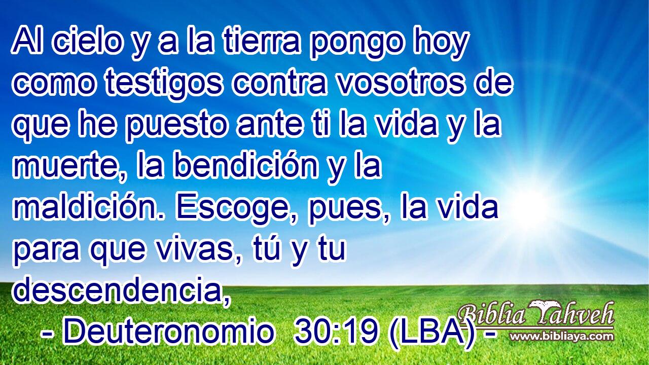 Al cielo y a la tierra pongo hoy como testigos contra vosotros de que he puesto ante ti la vida y la muerte, la bendición y la maldición. Escoge, pues, la vida para que vivas, tú y tu descendencia,