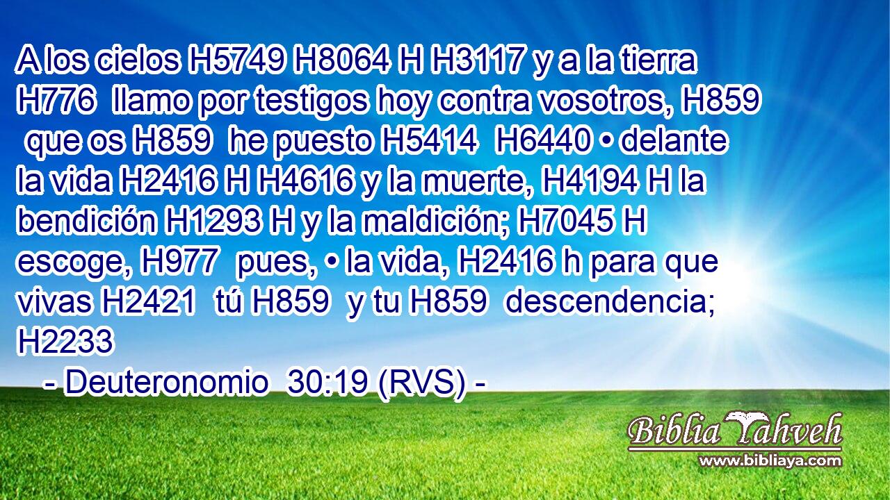 A los cielos H5749 H8064 H H3117 y a la tierra H776  llamo por testigos hoy contra vosotros, H859  que os H859  he puesto H5414  H6440 • delante la vida H2416 H H4616 y la muerte, H4194 H la bendición H1293 H y la maldición; H7045 H escoge, H977  pues, • la vida, H2416 h para que vivas H2421  tú H859  y tu H859  descendencia; H2233  