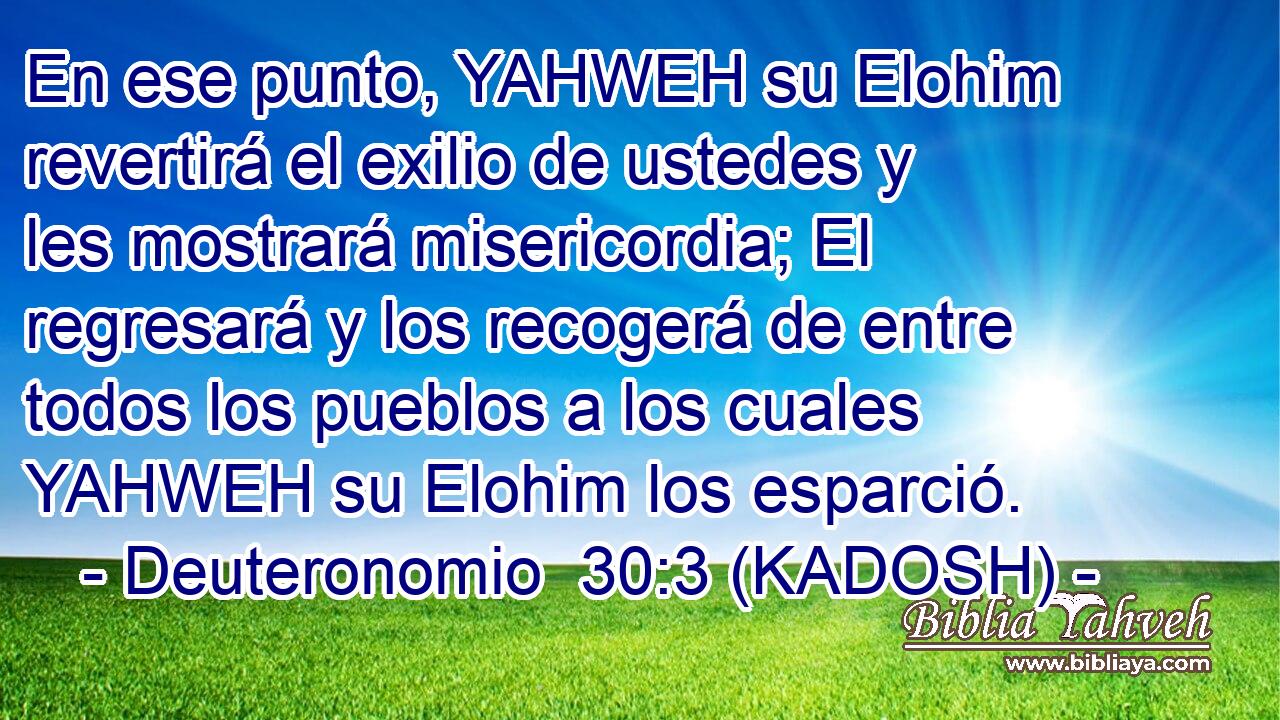  En ese punto, YAHWEH su Elohim revertirá el exilio de ustedes y les mostrará misericordia; El regresará y los recogerá de entre todos los pueblos a los cuales YAHWEH su Elohim los esparció. 