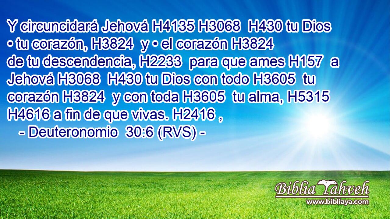 Y circuncidará Jehová H4135 H3068  H430 tu Dios • tu corazón, H3824  y • el corazón H3824  de tu descendencia, H2233  para que ames H157  a Jehová H3068  H430 tu Dios con todo H3605  tu corazón H3824  y con toda H3605  tu alma, H5315  H4616 a fin de que vivas. H2416 ,  