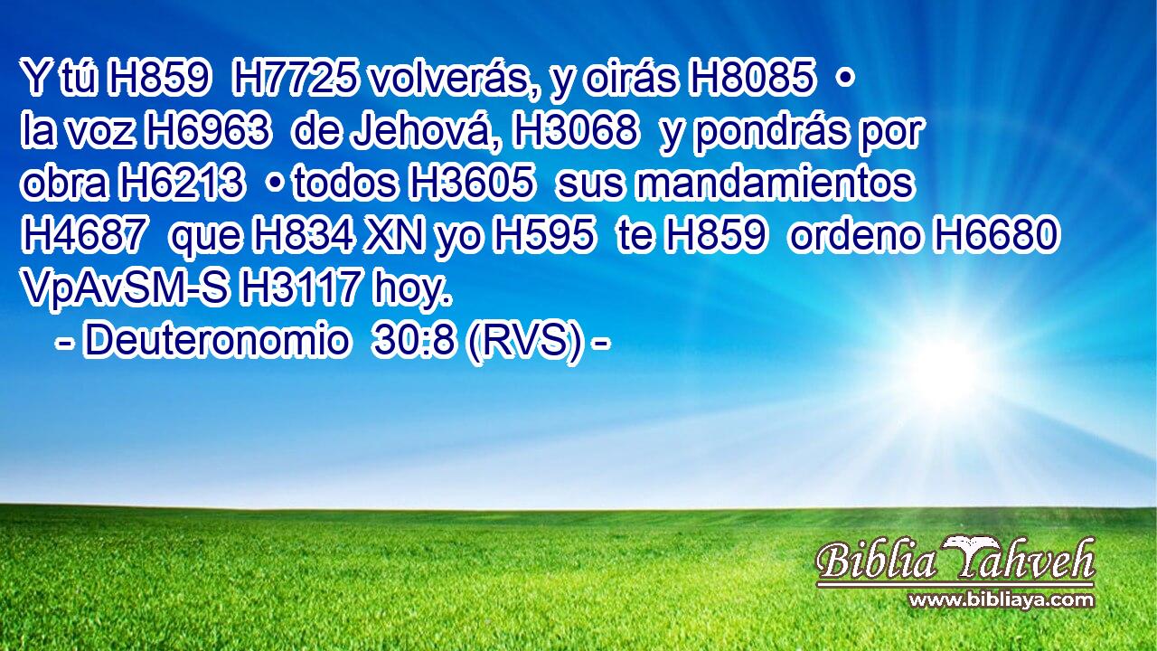 Y tú H859  H7725 volverás, y oirás H8085  • la voz H6963  de Jehová, H3068  y pondrás por obra H6213  • todos H3605  sus mandamientos H4687  que H834 XN yo H595  te H859  ordeno H6680 VpAvSM-S H3117 hoy. 