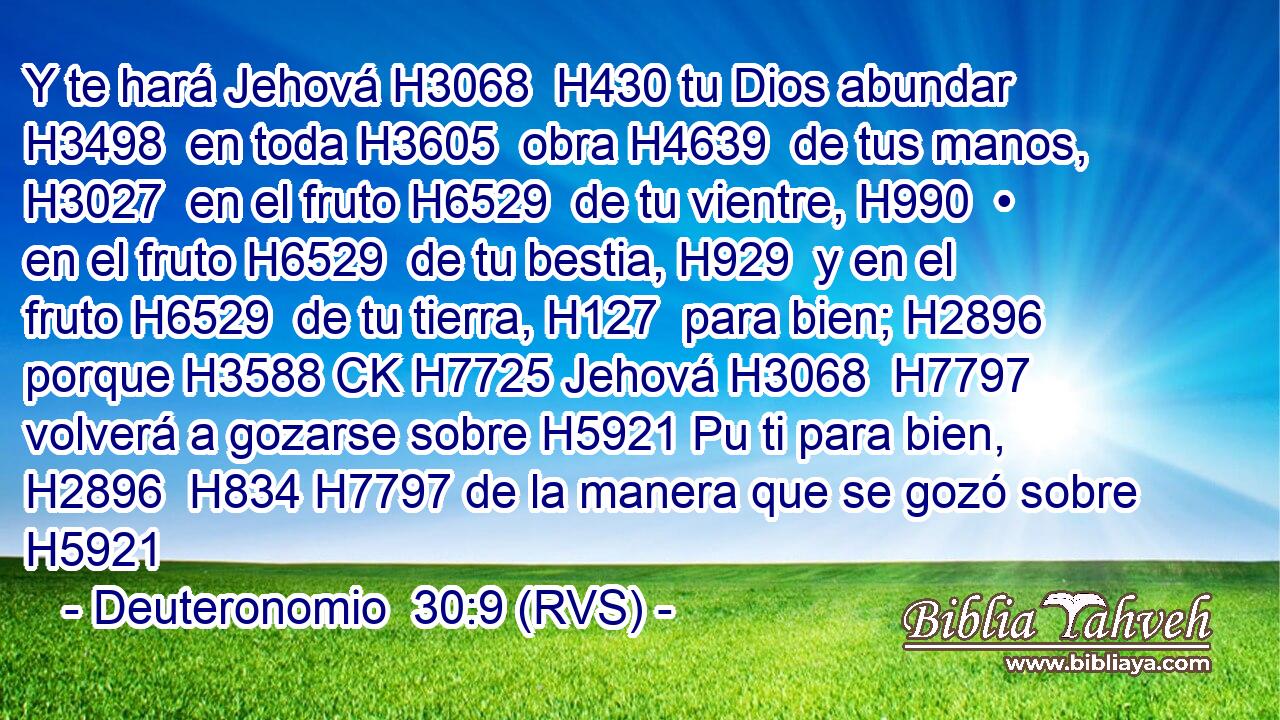 Y te hará Jehová H3068  H430 tu Dios abundar H3498  en toda H3605  obra H4639  de tus manos, H3027  en el fruto H6529  de tu vientre, H990  • en el fruto H6529  de tu bestia, H929  y en el fruto H6529  de tu tierra, H127  para bien; H2896  porque H3588 CK H7725 Jehová H3068  H7797 volverá a gozarse sobre H5921 Pu ti para bien, H2896  H834 H7797 de la manera que se gozó sobre H5921