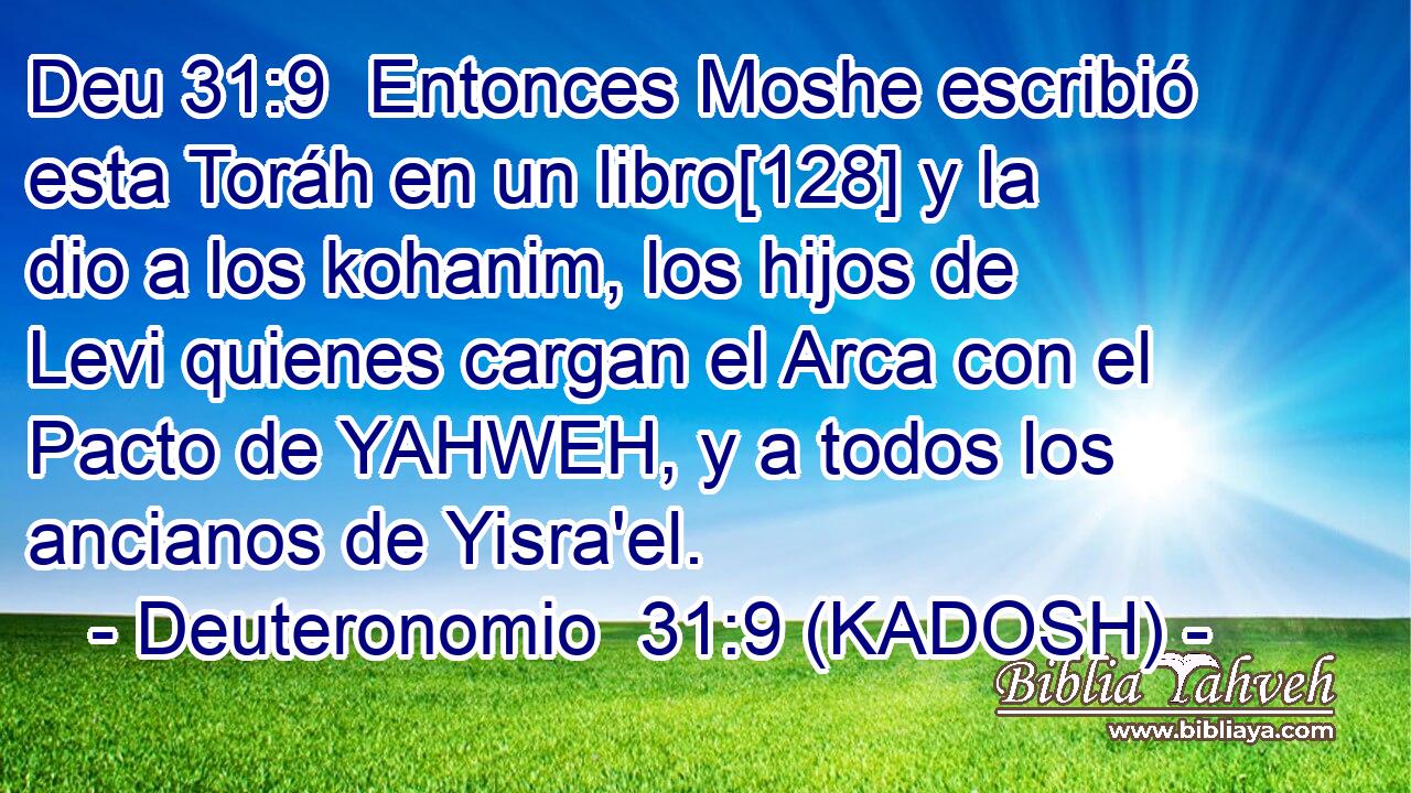  Entonces Moshe escribió esta Toráh en un libro[128] y la dio a los kohanim, los hijos de Levi quienes cargan el Arca con el Pacto de YAHWEH, y a todos los ancianos de Yisra'el. 